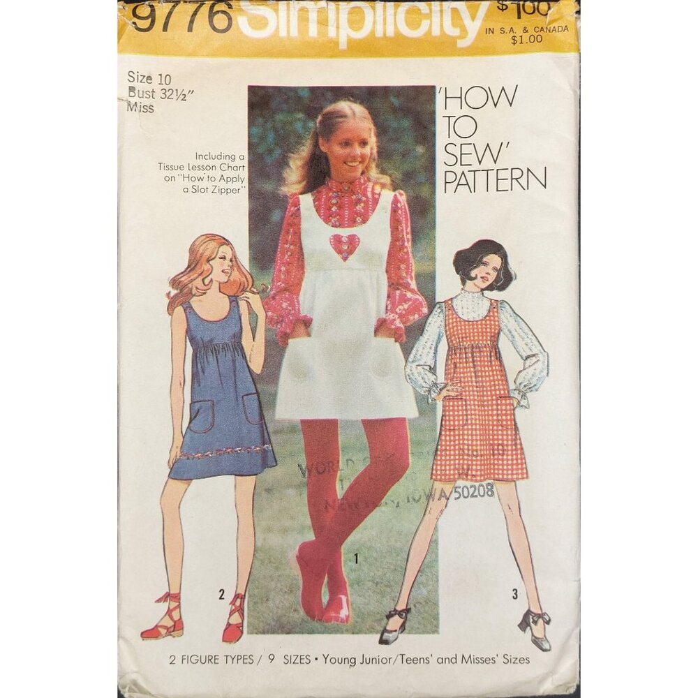 Simplicity 9776 Vintage 1971 How To Sew Pattern Misses Mini Jumper/Dress & Blous